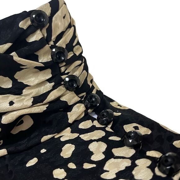 Tuleh Black Gold Animal Leopard Print 100% Silk High Neck Blouson Midi Dress XS - Picture 5 of 12